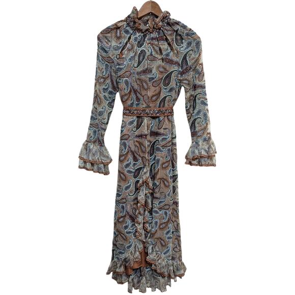 La Fuori Embroidered Sequin Paisley Silk Midi Dress Small – Ruffle Hem Rare Boho - Picture 4 of 11